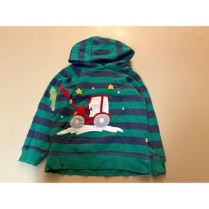 Frugi Organic Cotton Striped Hoodie Snowcat Tractor Green Navy Kids 5-6 Years